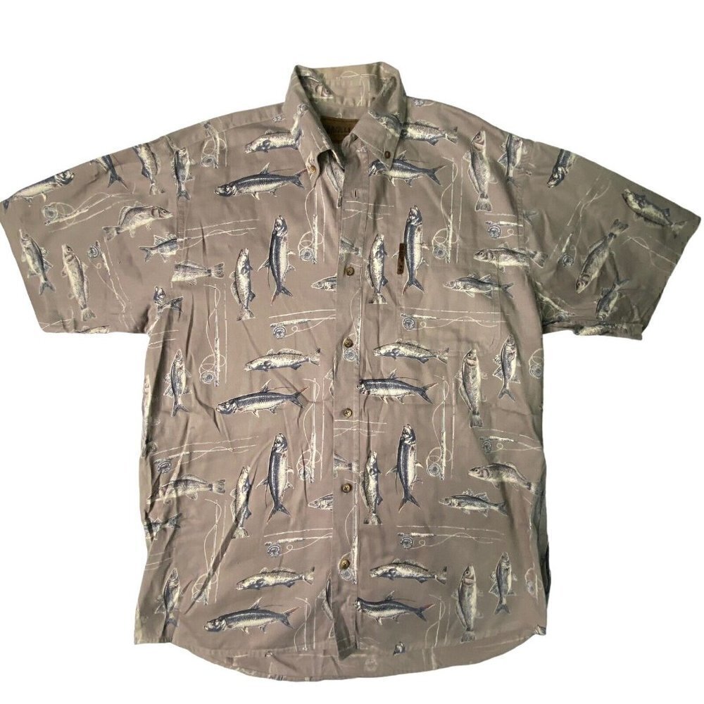 Magellan Sportswear Size Medium Short Sleeve Fly Fishing Print Shirt Green Tan